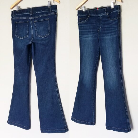Spanx Flare Jeans Midnight Blue Shade Pull On Stretch High Waist L Petite $148 - Picture 16 of 16